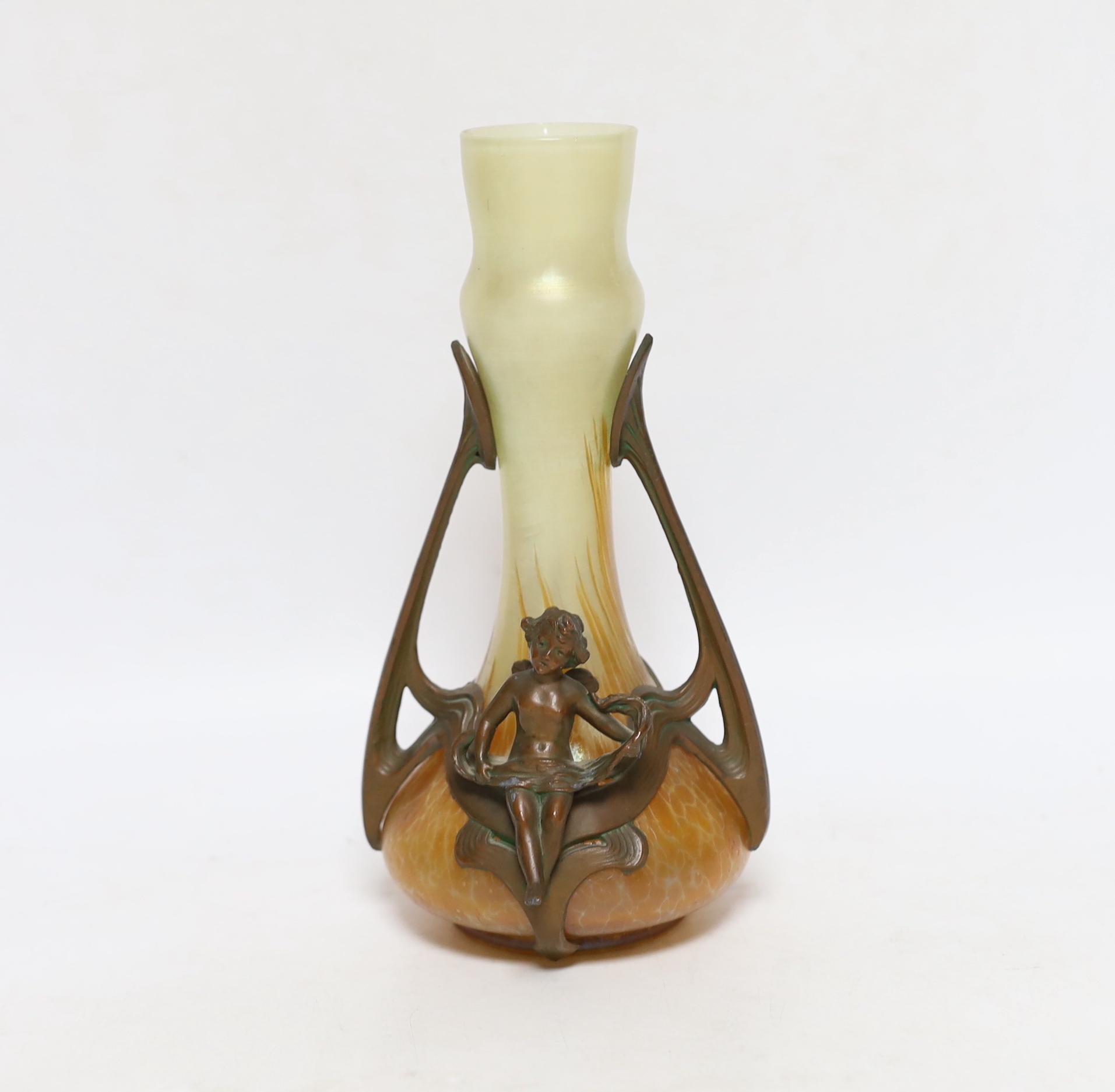 An Art Nouveau glass vase with bronze ‘cherub’ mount, 21cm